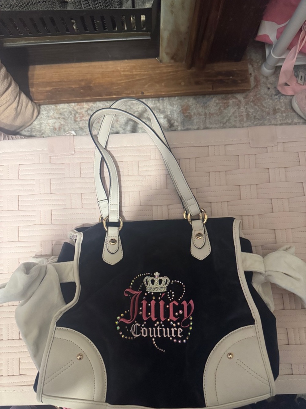 Juicy Couture Black Tote with White Trim and Rhinestone Logo